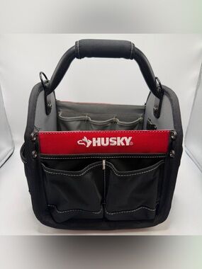 Husky 12” Tool Tote Bag Organizer Open Top Multi Pocket Heavy Duty Black Red